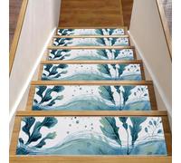 Lot de 15 tapis d'escalier d'intérieur avec envers antidérapant, 20,3 x 76,2 cm pour marches en bois, tapis d'escalier doux pour enfants, animaux domestiques, algues marines sous-marines avec feuilles