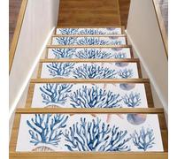 Lot de 15 tapis d'escalier d'intérieur avec envers antidérapant, 20,3 x 76,2 cm pour marches en bois, tapis d'escalier doux pour enfants et animaux domestiques, aquarelle, coraux, étoiles de mer