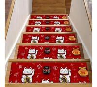 Lot de 15 tapis d'escalier d'intérieur avec envers antidérapant, 20,3 x 76,2 cm, tapis d'escalier doux pour enfants et animaux domestiques, chats porte-bonheur sans couture sur fond rouge