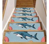 Lot de 15 tapis d'escalier d'intérieur avec envers antidérapant, 20,3 x 76,2 cm, tapis d'escalier doux pour enfants, animaux domestiques, requins mignons et flotteurs de piscine, fond d'été