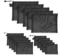 Lot de 15 trousses de maquillage en maille nylon - Format A4 A5 B6 - Polyvalentes - Avec fermeture éclair - Pliable - Portable - Pour les voyages, les voyages d'affaires, l'école, le bureau, Noir