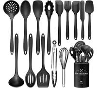 Lot de 15 ustensiles de cuisine en silicone avec porte-ustensiles, résistants à la chaleur, passent au lave-vaisselle, antiadhésifs (noir)
