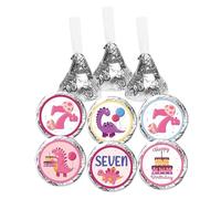 Lot de 150 autocollants ronds dinosaures roses pour enfants - Autocollants ronds pour 7e anniversaire ou fête prénatale - Étiquettes dinosaures pour 7e anniversaire - Pour bonbons au chocolat