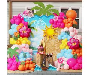 Lot de 152 décorations de fête d'anniversaire Vaiana, rose vif, orange, macaron, rose, bleu, guirlande de ballons en aluminium hibiscus pour l'été, tropical, Luau, Hawaï, fournitures de fête magiques