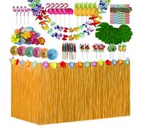 Lot de 156 décorations de fête tropicale hawaïenne, jupe de table, guirlande hawaïenne, feuilles de palmier, parapluies colorés 3D, la plage, les fêtes d'été (couleur paille)