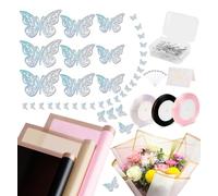 Lot de 157 accessoires pour bouquet de fleurs, 60 feuilles de papier d'emballage floral, 50 épingles à fleurs, 24 décorations papillons, 20 cartes cadeaux et 3 rubans pour mariage et anniversaire