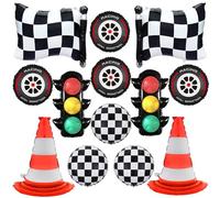 Lot de 16 ballons d'anniversaire en forme de voiture de course - Décorations de fête d'anniversaire - Cônes de ballons blancs à carreaux pour garçon de course