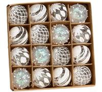 Lot de 16 boules à suspendre pour sapin de Noël avec matériau PET et finitions peintes métalliques pour décorations de Noël et ambiance festive de la maison (blanc)