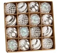 Lot de 16 boules à suspendre pour sapin de Noël fabriquées en matériau PET léger pour des décorations de vacances durables avec finitions peintes à la main et accents de placage métallique (blanc)