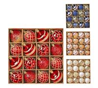 Lot de 16 boules de Noël avec 16 pièces à paillettes blanches et dorées, fabriquées à partir de plastique robuste pour arbre, guirlande, couronne et décoration de table, présentées dans une boîte