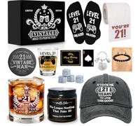 Lot de 16 cadeaux d'anniversaire « Happy 21st Birthday » pour lui, cadeau de fête d'anniversaire pour garçon de 21 ans avec verre à whisky de 325 ml, 48,2 g, chaussettes pour homme, fils, neveu