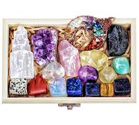 Lot de 16 cristaux de guérison naturels dans une boîte en bois - Pierres précieuses polies, brutes et brutes, y compris tour de sélénite, tourmaline noire brute, lapiz lazuli, citrine et œil de tigre