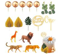 Lot de 16 décoration de gâteau sur le thème de la jungle, girafe, lion, tigre, léopard, animaux sauvages, 3D, feuilles de tortue et feuille de monnaie, carte d'anniversaire