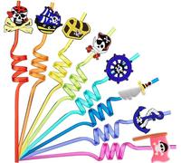 Lot de 16 décorations de fête d'anniversaire pour enfants sur le thème des pirates. Pailles réutilisables avec bague, parfaites comme cadeaux d'anniversaire pour enfants.