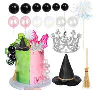 Lot de 16 décorations de gâteau d'anniversaire princesse magique, couronne magique, balai, sorcière, chapeau, baguette magique, décoration de gâteau pour sorcier noir, anniversaire, Halloween, fête