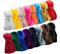 Lot de 16 Durags en velours pour homme, bonnets Durag à longue queue avec bretelles larges, 360 vagues Doo Rags, turban unisexe en satin, chapeaux de pirate, pour usage quotidien ou costume - 16