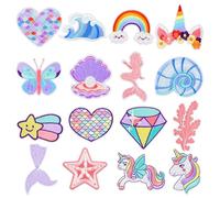 Lot de 16 écussons thermocollants à repasser pour enfants, filles, motif licorne, cœur, papillon, vague, arc-en-ciel, pour vêtements, sac à dos, jeans, vestes, chapeau