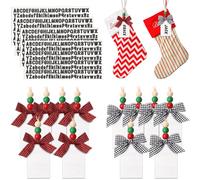 Lot de 16 étiquettes de Noël en bois avec 4 feuilles d'autocollants pour chaussettes de Noël avec rangée à carreaux de buffle et perles pour tableau noir (blanc avec perles en bois rouges, vertes)