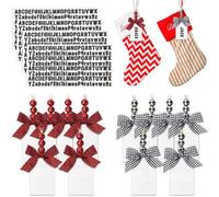 Lot de 16 étiquettes en bois pour chaussettes de Noël avec 4 feuilles d'autocollants adhésifs pour chaussettes de Noël avec rangée à carreaux de buffle et perles étiquettes tableau noir (blanc)