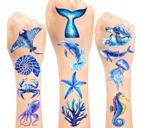 Lot de 16 feuilles de 192 tatouages temporaires sur le thème de l'océan - Animaux de la mer - Décorations de fête d'anniversaire - Fournitures de tatouage bleu océan - Cadeaux pour enfants, garçons et
