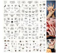 Lot de 16 feuilles de tatouage pour Halloween, tatouage, visage avec motifs noirs réalistes, toile d'araignée, tatouages temporaires 3D pour Halloween, pour le visage, les adultes et les enfants