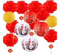 Lot de 16 lanternes chinoises japonaises en papier rouge en forme de fleur de cerisier décoratives à suspendre pour la fête nationale, le Nouvel An chinois, le printemps, le festival, la maison, le