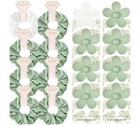 Lot de 16 pinces à cheveux en forme de fleur avec carte florale et chouchous en satin (blanc et vert sauge, 7,6 cm (lot de 16)