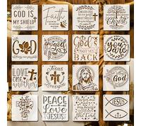 Lot de 16 pochoirs chrétiens réutilisables - 15 x 15 cm - Motifs verset biblique et foi - Pour peinture sur bois, bricolage, décoration murale et cours de religion