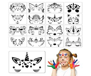 Lot de 16 pochoirs de peinture pour visage pour enfants et adultes - 20 x 12 cm - Réutilisables - Motif animal - Fleur - Fée - Tatouage corporel - Pour fêtes, Halloween, Noël, carnaval, festivals