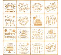 Lot de 16 pochoirs « Happy Birthday » pour gâteaux, 20 x 20 cm : pochoirs réutilisables pour biscuits d'anniversaire, gâteaux, cartes, pâtisserie et décoration de fête