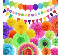 Lot de 16 pompons en papier éventails à suspendre, fanions triangulaires et guirlande à pois pailletés pour fête, mariage, anniversaire, festival, Noël, événement, Fiesta