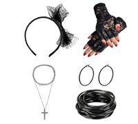Lot de 16 robes en dentelle, gants en dentelle, boucles d'oreilles, collier, décoration de style des années 80, ensemble nostalgique, accessoires de costume des années 80., Noir , 25