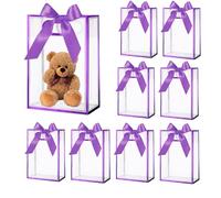 Lot de 16 sacs cadeaux en PVC transparent avec poignées et ruban en plastique transparent réutilisables pour mariage, mariée, fête prénatale, anniversaire (violet, 18 x 26 x 8 cm)