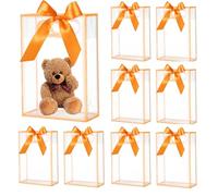 Lot de 16 sacs cadeaux en PVC transparent avec poignées ruban plastique sacs de fête réutilisables sacs cadeaux transparents pour mariage mariée baby shower anniversaire (orange, 18 x 26 x 8 cm)