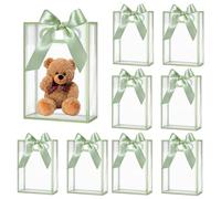 Lot de 16 sacs cadeaux en PVC transparent avec poignées - Sacs cadeaux réutilisables et transparents pour mariage, mariée, fête prénatale, anniversaire (vert sauge, 18 x 26 x 8 cm)