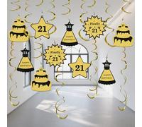 Lot de 16 tourbillons à suspendre « Happy 21st Birthday » - Décoration de 21e anniversaire pour filles et garçons - Doré/noir pailleté
