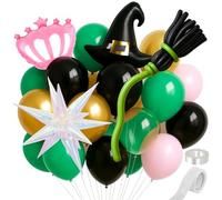 Lot de 160 ballons de fête verts et roses pour fête sur le thème de la sorcière, vert, rose, noir, blanc, or, corbeau rose, chapeau de sorcière, étoile explosive et ballons à balai pour décoration