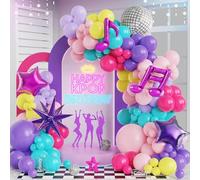 Lot de 162 décorations de fête d'anniversaire Kpop, guirlande de ballons sur le thème de la musique avec ballons violets, rose vif, bleu sarcelle, jaune, boule disco, note de musique et étoiles pour