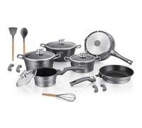 Lot de 17 batteries de cuisine et poêles en aluminium moulé sous pression, revêtement en marbre, idéal pour induction ou gaz, couvercles en verre et outils inclus Royalty RL-ES2014M (argent)