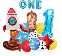 Lot de 17 décorations de fête sur le thème des jouets de dessin animé, fournitures de fête d'anniversaire pour garçons et filles, chapeau de cowboy, bottes et fusée, ballons en aluminium Mylar rouge