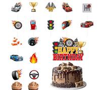 Lot de 17 décorations de gâteau Hot Wheels pour homme - Joyeux anniversaire - Voitures - Décorations de gâteau de voiture de course - Décorations de gâteau d'anniversaire sur le thème de la voiture de