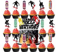 Lot de 17 décorations de gâteau pour skateboard, skateboard, anniversaire, fête, thème sport en plein air, cupcake, articles de fête