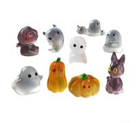 Lot de 17 décorations miniatures d'Halloween phosphorescentes en résine avec fantômes, momies et citrouilles pour décoration de table effrayante et terrarium