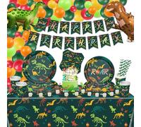 Lot de 171 décorations d'anniversaire dinosaures - Assiettes, serviettes, tasses, ballons, bannière, gâteau, nappe, fournitures de fête pour garçons et enfants