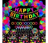 Lot de 173 bâtons fluorescents pour fête - Décorations de fête réactives à la lumière noire - Bannière fluorescente, guirlandes néon, ballons phosphorescents, nappe graffiti, bâtons lumineux
