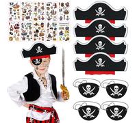 Lot de 18 Accessoires de Fête Pirate pour Enfants - Chapeau, Masque en Feutre et Tatouages - Kit Déguisement Complet pour Anniversaire, Halloween et Carnaval - Idée Cadeau pour Garçons et Filles