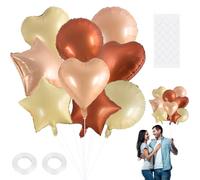 Lot de 18 ballons en aluminium orbiculaires, en forme de cœur, étoile, avec ruban de soie, blanc, caramel, couleur chocolat, cœur, hélium, mariage, Saint-Valentin, fiançailles