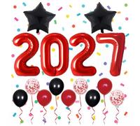 Lot de 18 ballons rouges et noirs en forme de chiffre 2027 avec chiffres géants en aluminium de 81,3 cm, étoile, latex et confettis, fournitures de fête du Nouvel An, toile de fond NYE