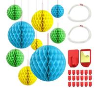 Lot de 18 Boules en nid d'abeille Bleu Jaune Vert Boule Papier Decoration | Boules en Papier nid d'abeille avec 40 Mètres de Ligue de Poisson et 20 Crochets en Papier nid d'abeille（14cm,19cm,24cm）