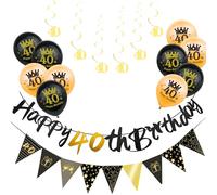 Lot de 18 décorations noires et dorées pour 40e anniversaire pour homme - Bannière triangulaire noire et dorée - 40 tourbillons à suspendre - Ballons pour 40e anniversaire - Pour homme et lui